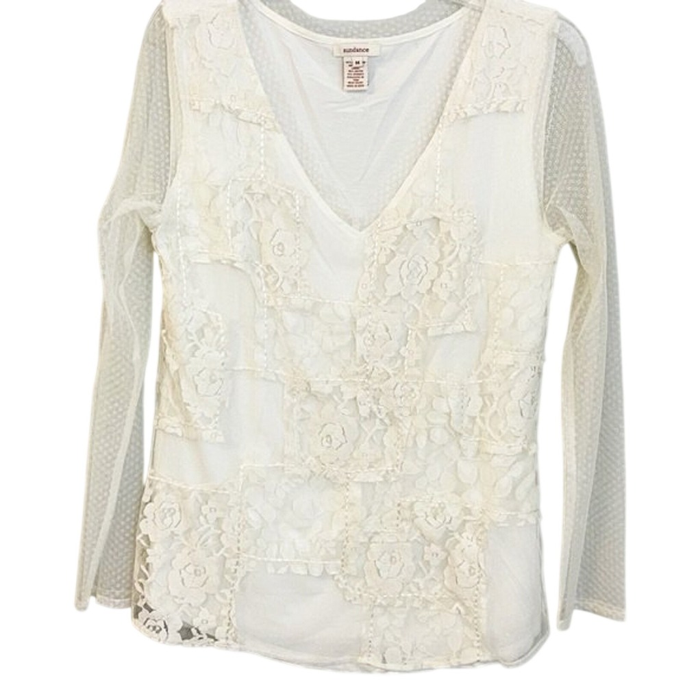 Sundance Ivory Lace Patchwork V-Neck Top Sheer Mesh Long Sleeve Medium Boho